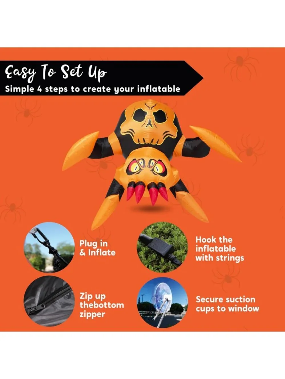 4ft Inflatable Halloween Spider Decoration with LED Light - Scary Yard & Window